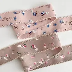 2m×2本　フラワー柄ファブリックリボン　ナミナミ　ピンク　ブラウン　まとめ売り