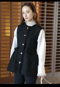 【新品未使用】Arpege Story ツイードぺプラムジレ ブラック　サイズ2 Mystrada - 新品 アルページュストーリー ツイードペプラムジレ