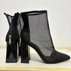 ブラック メッシュ ハイヒール ブーツ チャンキーヒール