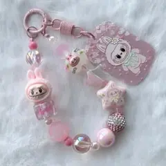 ビーズキーホルダー No.316 寝そべりラブブ×ピンク モココ