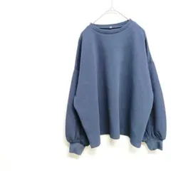 ネイビーワッフル生地 トレーナー　オーバーサイズ　ゆったり　バルーン袖　伸縮性M