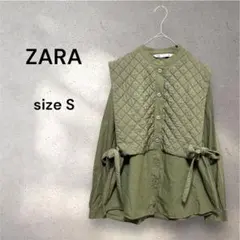 ZARA ザラ キルティング ベスト ポプリンシャツ コットン混 オリーブ