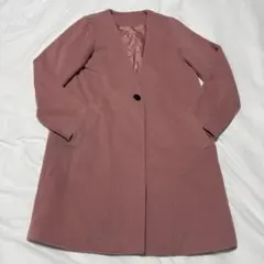 ピンクベージュ ノーカラー ロングコート M사이즈