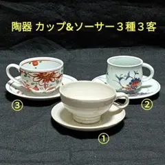 陶器　赤絵・花柄　カップ&ソーサー３種３客