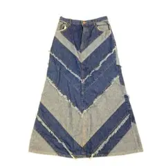 ヴィンテージ風 フリンジ 切り替え デニムロングスカート バックスリット