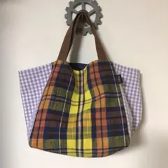 チェック柄キューブトートバッグ(イエロー×パープル) ハンドメイドバッグ