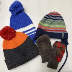 新品　まとめ売り　子供用ストライプニット帽 耳あて付き　手袋