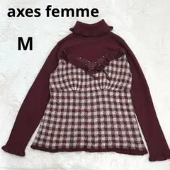 アクシーズファム M チェック タートルニット レース リボン パール フリル