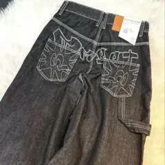 【新品】バギーデニム 刺繍 ワイド ジーンズ デニム Y2K風 極太 ブラックL