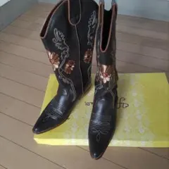 ウエスタンブーツ ダークブラウン 花柄刺繍