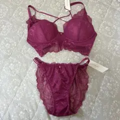 新品　ブラジャーショーツセット 魅惑的レース　ワインレッド　M