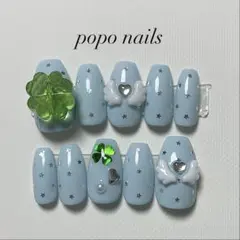 ウィッシュコア　ネイルチップ　クローバー　羽　星ホログラム　水色