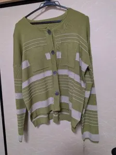 オリーブグリーン ストライプ 長袖ニットカーディガン Lサイズ