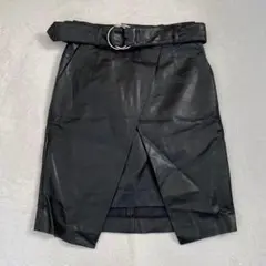 タイトスカート フェイクレザー アシンメトリー ベルト付 ブラック M相当
