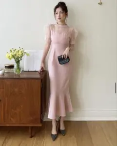 DHOLIC シアーコントラストパフマーメイドワンピース