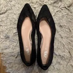 ZARA レース フラットシューズ ブラック 38サイズのサムネイル