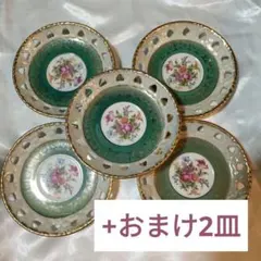 花柄の緑色陶器皿7枚セット 大正レトロ おしゃれ ハート 穴あき
