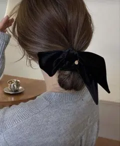 リボン シュシュ ベロア ブラック 韓国 ヘアアクセサリー リボン おしゃれ