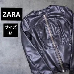 ZARA シングルライダースジャケット ブラック フェイクレザー ノーカラー 金