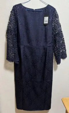 DRESS+　レース七分袖　ダマスク柄　ドレス　ワンピース　ネイビー　紺色　新品