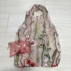 Francfranc エコバッグ 刺繍 花柄 ハンドバッグ チュール ピンク