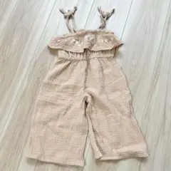 テータテート　オレンジベージュ フリル　刺繍　オールインワン　サロペット