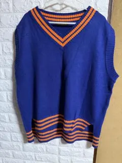 青とオレンジのストライプ ニットベスト