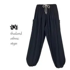 【新品】アラジンパンツ　タイパンツ【ゴム紐】無地ブラック　F162-6