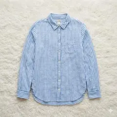 23区 LIBECO リネン100％ スキッパーシャツ ストライプ 青 ゆったり