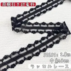 S1631【20m】良い品質　両山花柄刺繍ラッセルレースリボン　黒