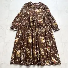 ピンクハウス 紺 ピンタック ピコフリル 花柄 ロングワンピース ブーケ