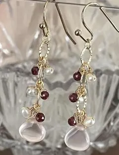 14kgf 天然石ピアス ローズクォーツ　ガーネット　淡水ベビーパール　ピンク