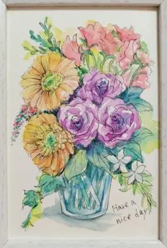 スイートピーも添えて　#148　原画　水彩画　イラスト　ポストカードsize