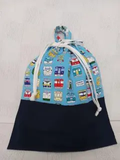 持ち手付き巾着　体操袋着替え35×30水色電車&濃紺　b17