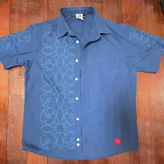 南天 花柄刺繍 半袖シャツ ネイビー