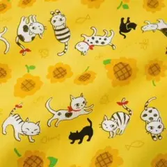 Sale●布 ヒマワリ畑と子猫 向日葵 ネコ 110×50cm ひまわり色 黄色