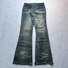 Y2K フレアデニム ダメージ スタッズ ヒゲ グランジ ヴィンテージ ギャル
