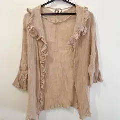 【NICE CLAUP】ピンクベージュ フリル五分袖ブラウス