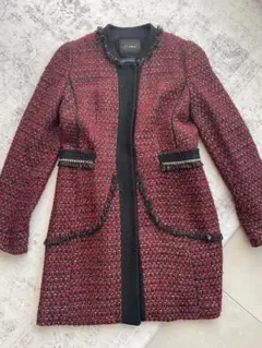 ノーカラーツイードジャケット 赤黒