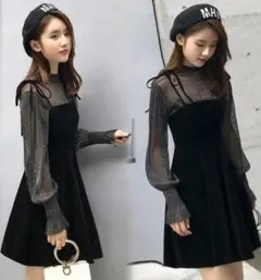 ベロアワンピース ベロアキャミ シースルーブラウス 2点セット