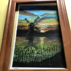 風車のある夕焼けの風景画　水彩画　絵手紙　原画　ハガキサイズ