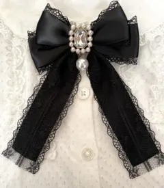 ダブルパール♡サテンリボン ブローチ　黒　ブラック　量産型　地雷　ゴスロリ