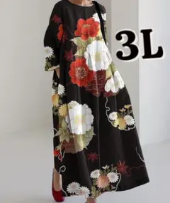 和モダン　着物風デザイン 華やぎ和柄ワンピース 3L ポケット付