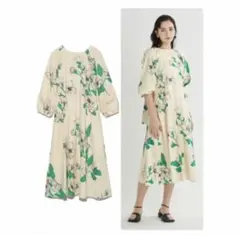 ミラオーウェン リネン レーヨン 花柄 Aライン リボン ロング ワンピース