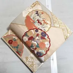 A◆着物くつろぎ 雪輪に吉祥文様 金糸 鶴 菖蒲 花菱 六通 正絹 袋帯 38