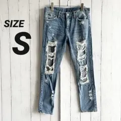 ダメージデニム クラッシュ スキニー ジーンズ パンツ 韓国製 ライトブルー