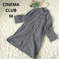 シネマクラブ　ギンガムチェックシャツワンピース　ロングシャツ　七分袖　紺/白　M