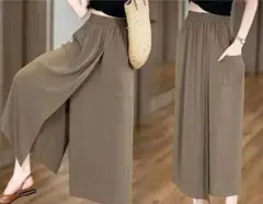 カーキ ワイドパンツ ポケット付き
