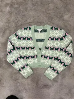 春色！蝶花柄 クロップドカーディガン M