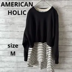 AMERICANHOLIC ブラックニット ストライプ シャツセットアップ　M